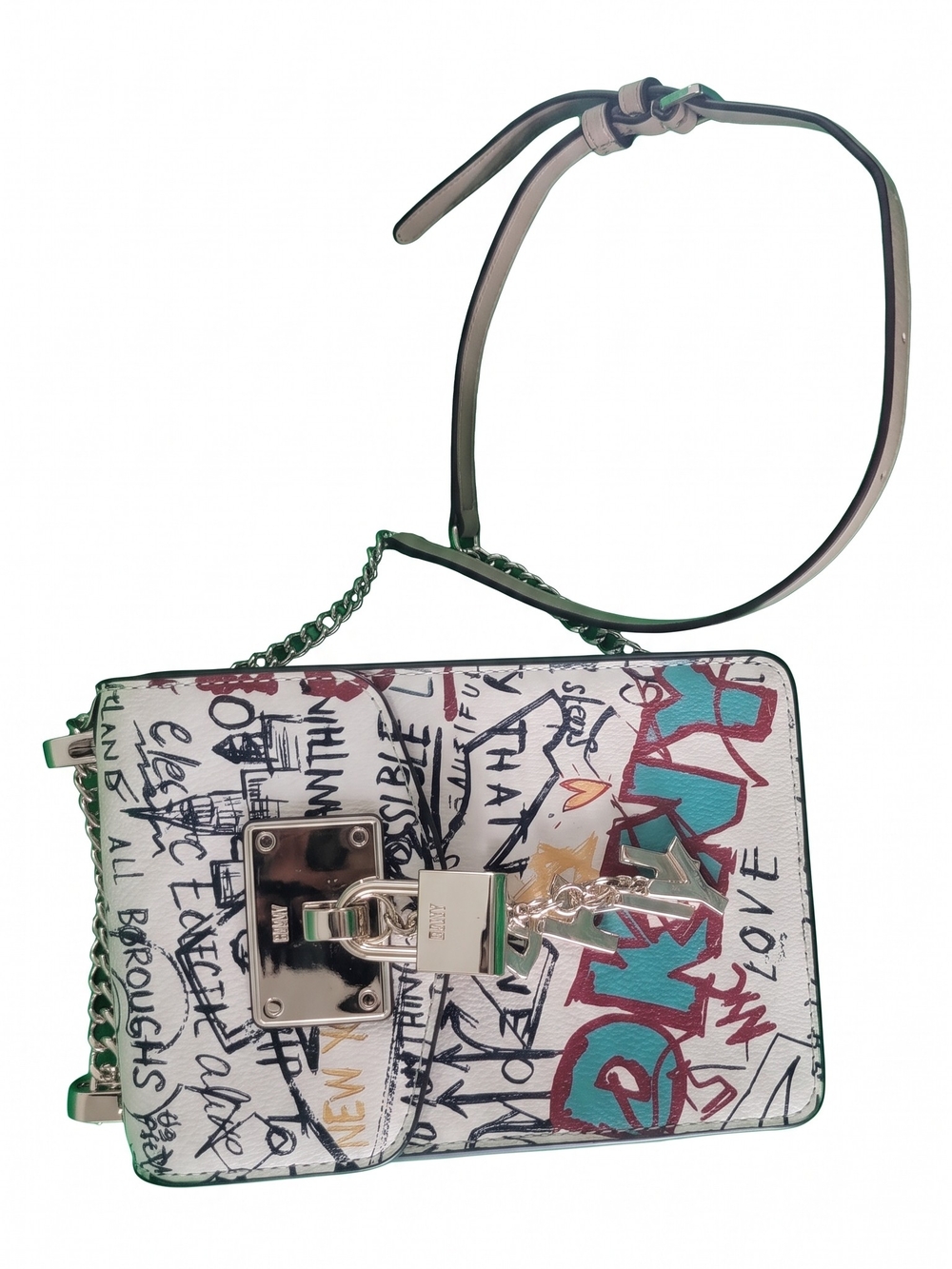 DKNY White Graffiti Print Crossbody Bag with Teal & Red Accents